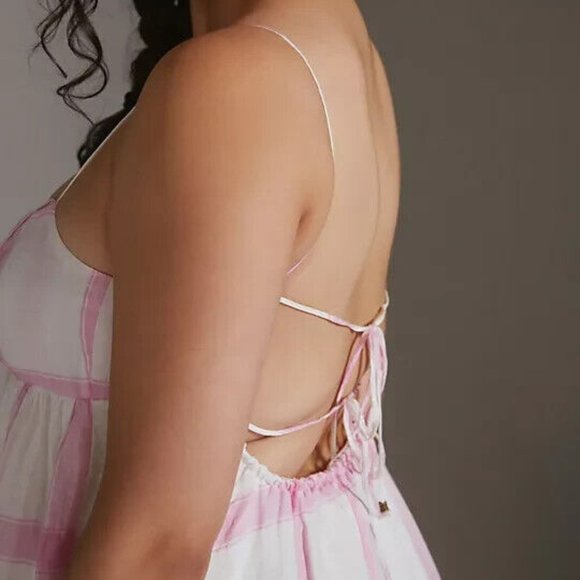 Anthropologie Maeve 1X NWT Pink Plaid Linen Tie-Back Maxi Dress Bohemian 180$ - Picture 8 of 13